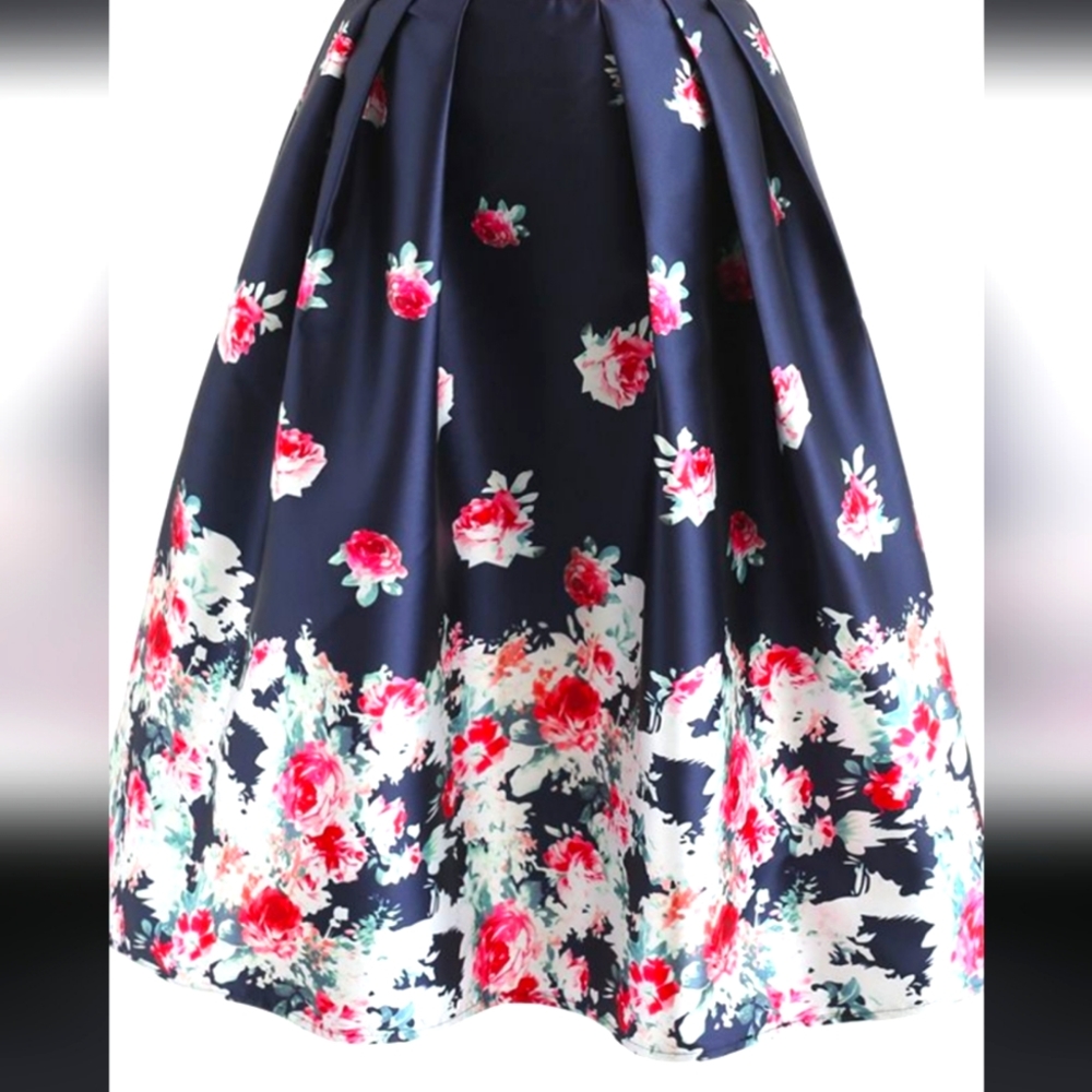 Chicwish navy rose print midi full a-line skirt Medium M white pink blue floral